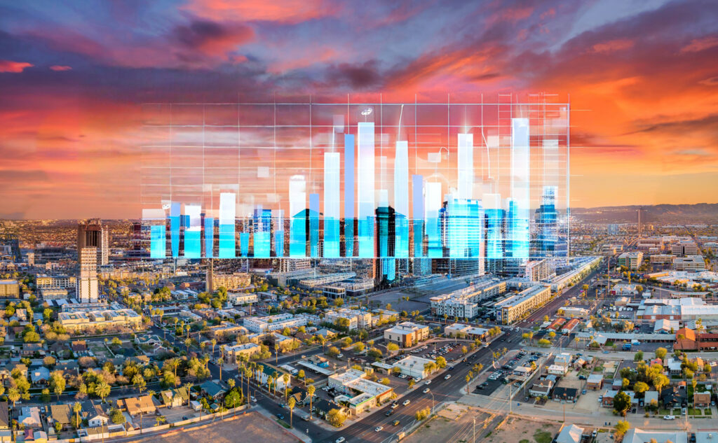 A modern office building in downtown Phoenix with digital marketing growth charts and networking lines overlaid.